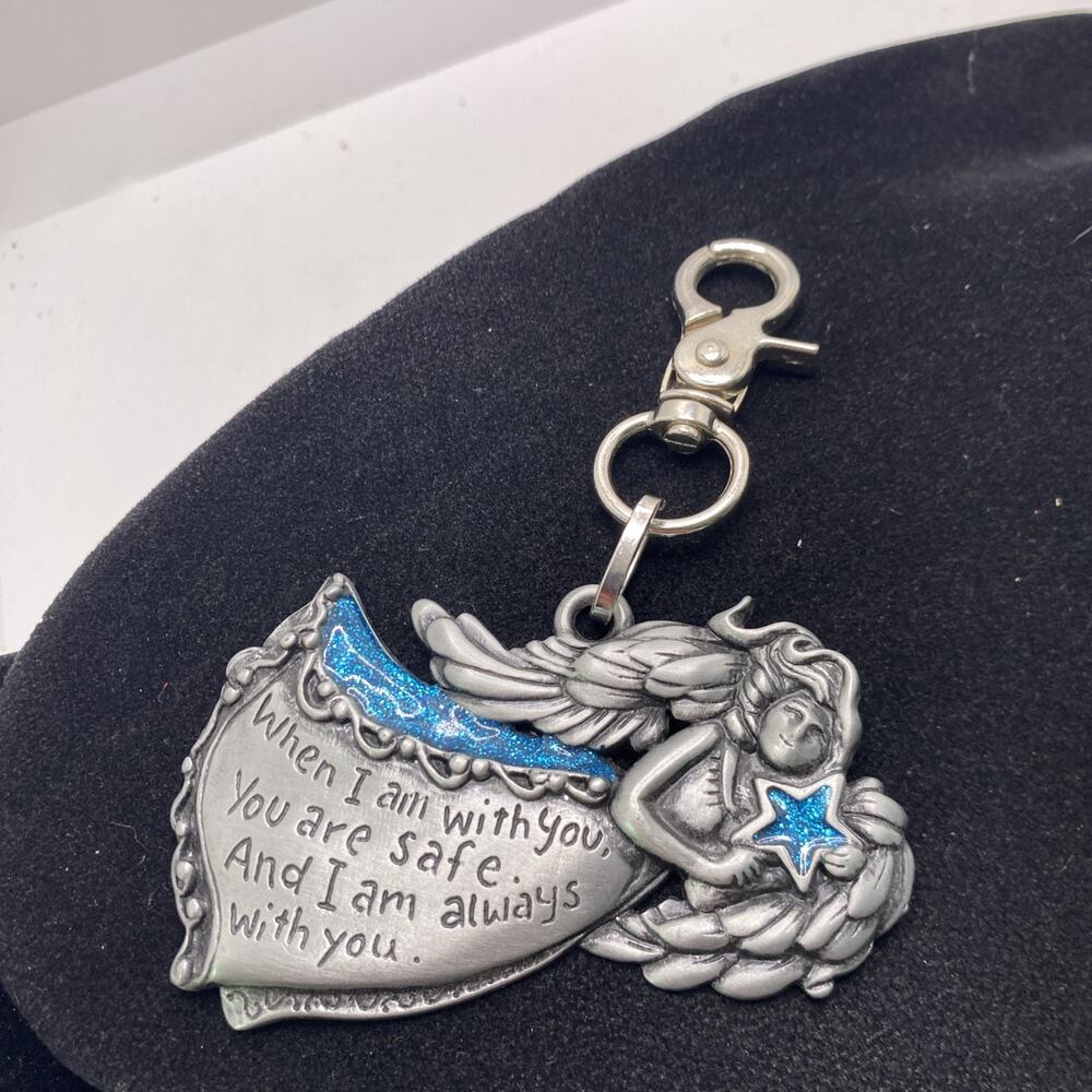 Womens Blue Silver Angel Faith Keychain Vintage